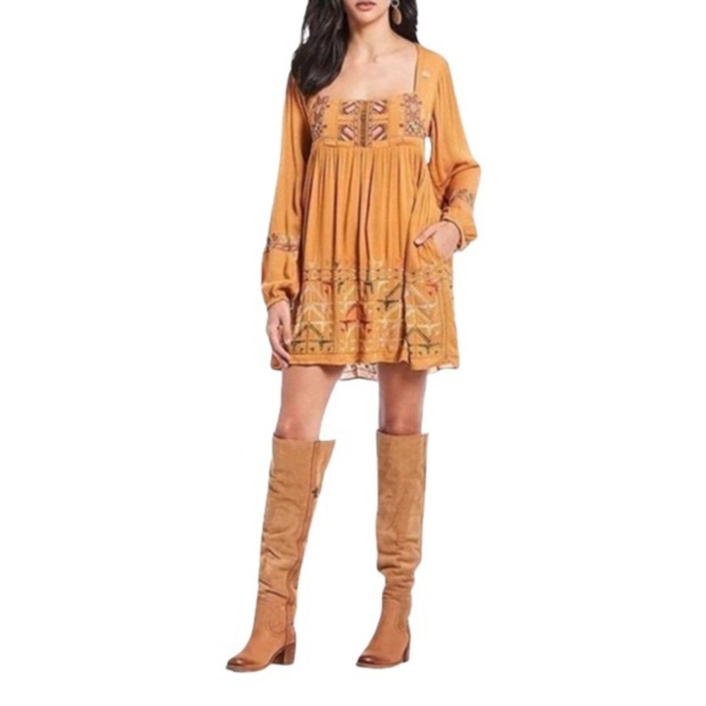 Free People NEW Rhiannon Embroidered Mini Dress Mustard Size Small NWT